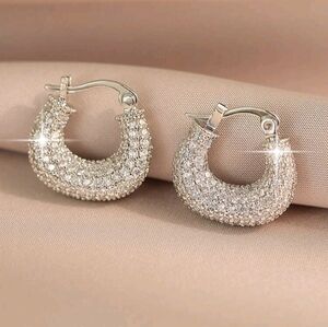 Sterling Silver Pave Crystal Hoop Earrings - Silver